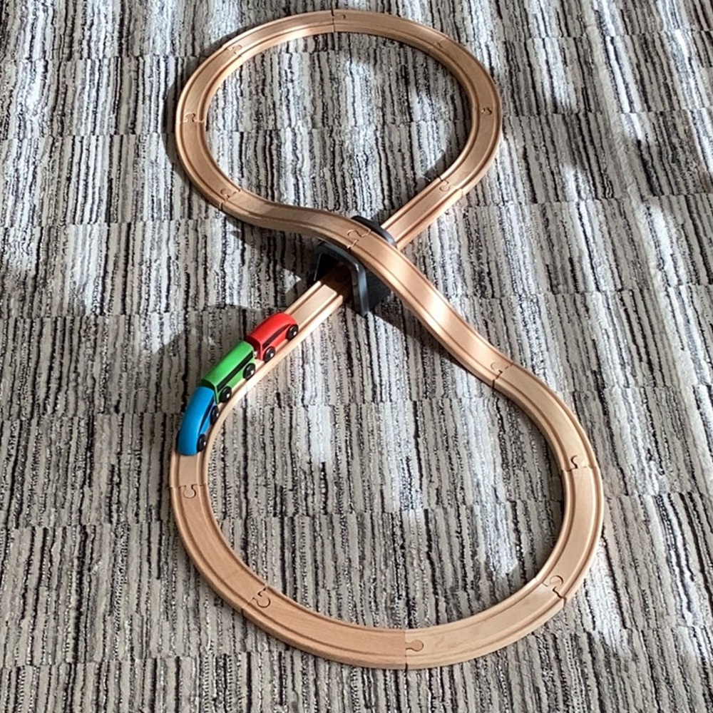 IKEA Wooden Train Track Set with 3 Colorful Engines